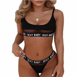 Sexy Black Half See-through Stretch Letters Underwear Bikini Beach Swimsuit Set N21272