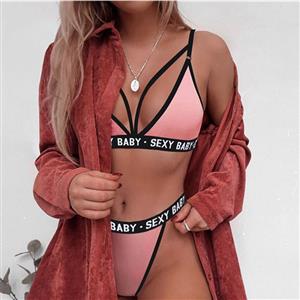 Sexy Pink Deep V Hollow Out Stretch Letters Three-point Underwear Bikini Beach Swimsuit N21319