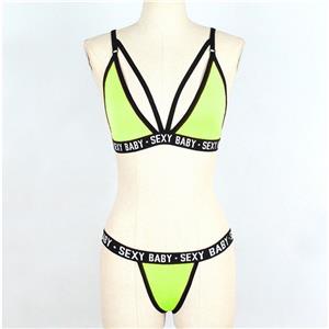 Sexy Green Deep V Hollow Out Stretch Letters Three-point Underwear Bikini Beach Swimsuit N21321
