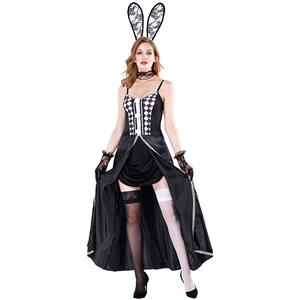 Sexy Bunny Girl Spaghetti Straps Checkered Front Slit Dress Adult Halloween Costume N19479