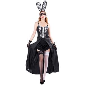 Sexy Bunny Girl Spaghetti Straps Checkered Front Slit Dress Adult Halloween Costume N19479