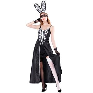 Sexy Bunny Girl Spaghetti Straps Checkered Front Slit Dress Adult Halloween Costume N19479