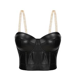 Sexy Black Matt Metal Chain Shoulder Straps Bustier Clubwear Bra Crop Top N21165