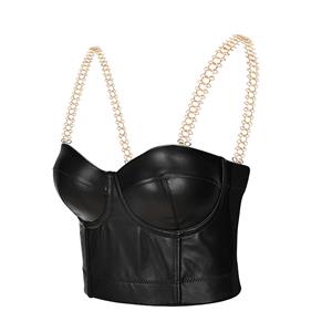 Sexy Black Matt Metal Chain Shoulder Straps Bustier Clubwear Bra Crop Top N21165