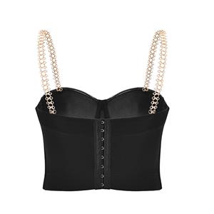 Sexy Black Matt Metal Chain Shoulder Straps Bustier Clubwear Bra Crop Top N21165