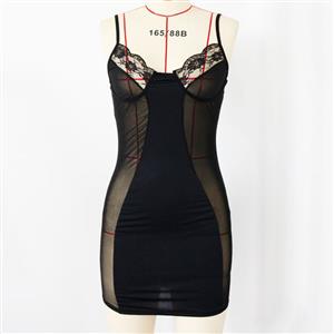 Sexy Spaghetti Straps Low-cut See-through Mesh Patchwork Clubwear Mini Bodycon Slip Dress N21940