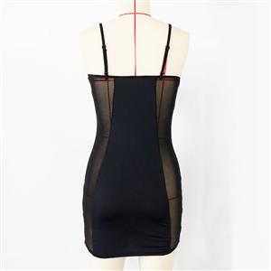 Sexy Spaghetti Straps Low-cut See-through Mesh Patchwork Clubwear Mini Bodycon Slip Dress N21940