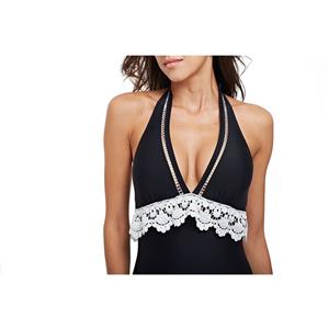 Sexy Black Halter V Neck High Waist Backless Beachwear Hollow Lace One-piece Swimsuit BK21090