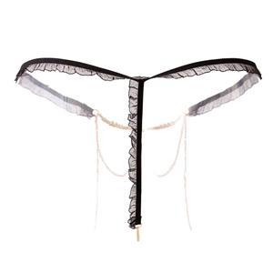 Sexy Black Elastic Lace Trim Thong Pearl Chain Underwear Low Waist G-string PT20672