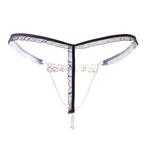 Sexy Black Elastic Lace Trim Thong Rhinestone Chain Underwear Low Waist G-string PT20673
