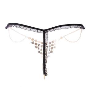 Women's Sexy Black Elastic Lace Trim Thong Alloy Decorations Chain Tassel Underwear PT20675