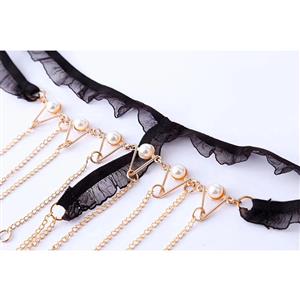 Sexy Black Elastic Lace Trim Thong Chain Tassel Underwear Bead Accessories G-string PT20669