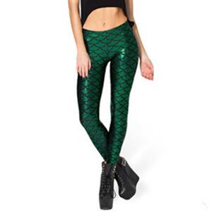 Sexy Dark Green Fish Scale Pattern Low Waist Leggings L11661