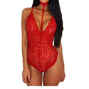 Sexy Red Halter Deep V Floral Lace Bodysuit Teddy Lingerie N16572