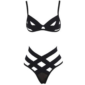 Sexy Black Hollow Out Cross Straps Elasticity Beachwear Bikini Three-point Lingerie Set N21282