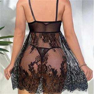 Sexy Black Lace V Neck Lace-up Backless Spaghetti Straps Babydoll Sleepwear Lingerie N23272