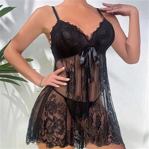 Sexy Black Lace V Neck Lace-up Backless Spaghetti Straps Babydoll Sleepwear Lingerie N23272