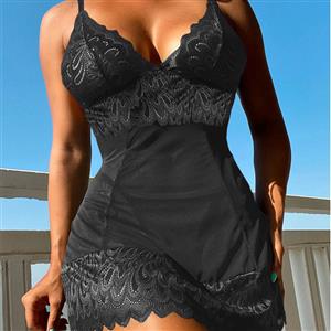 Sexy Black Lace Low Bra Backless Babydoll Sleepwear Mini Dress Lingerie N23205