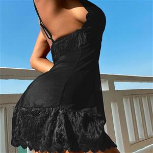 Sexy Black Lace Low Bra Backless Babydoll Sleepwear Mini Dress Lingerie N23205