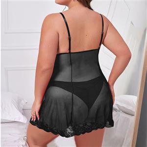 Plus Size Sexy Black Lace Low Bra Backless See-through Babydoll Sleepwear Lingerie N22925