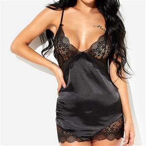 Sexy Black Lace Low Bra Backless Spaghetti Straps Babydoll Sleepwear Lingerie N23060