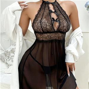 Sexy Black Lace See-through Hanging Neck Lace-up Babydoll Sleepwear Lingerie N23214