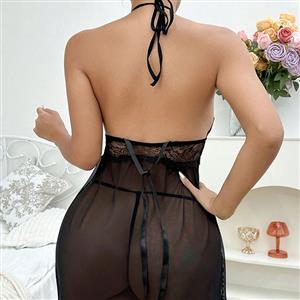 Sexy Black Lace See-through Hanging Neck Lace-up Babydoll Sleepwear Lingerie N23214