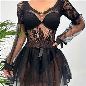 Sexy Black Floral Lace See-through Long Sleeve Mini Dress with Thong Lingerie N23087