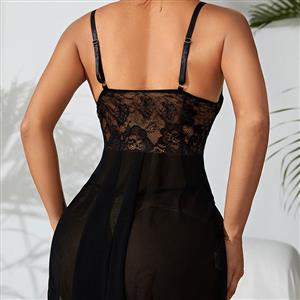 Sexy Black Lace Low-bra Adjustable Spaghetti Straps Soft Babydoll Sleepwear Lingerie N23392