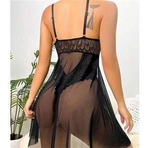 Sexy Black Lace Mesh Spaghetti Straps Babydoll Backless Nightwear Chemise N23202