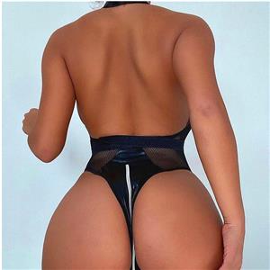 Sexy Black Elastic Mesh Hanging Neck Backless Bodysuit Teddies Lingerie N22727