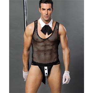 Men's Sexy Tuxedo Lingerie Sheer Mesh Transparent Tank Top and Thong Club Wear Set N18665