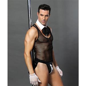 Men's Sexy Tuxedo Lingerie Sheer Mesh Transparent Tank Top and Thong Club Wear Set N18665