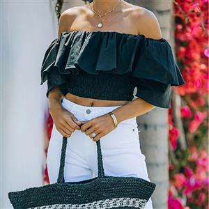 Fashion Black Off Shoulder Ruffle Short Sleeve High Waist Elastic Force Summer Tops N21195