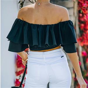 Fashion Black Off Shoulder Ruffle Short Sleeve High Waist Elastic Force Summer Tops N21195