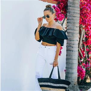 Fashion Black Off Shoulder Ruffle Short Sleeve High Waist Elastic Force Summer Tops N21195