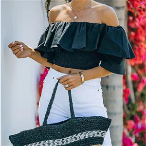 Fashion Black Off Shoulder Ruffle Short Sleeve High Waist Elastic Force Summer Tops N21195