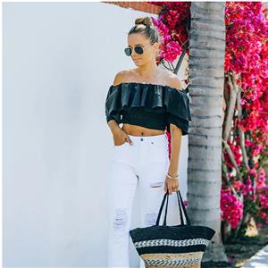 Fashion Black Off Shoulder Ruffle Short Sleeve High Waist Elastic Force Summer Tops N21195