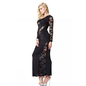 Sexy Black One-shoulder Lace Close-fitting Hollow Out Clubwear Long Gown  N18601