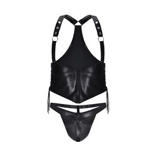 Men's Sexy Wet Look PVC Leather Harness and Thong BDSM Clothing Bondage Stretchy Clubwear N20100