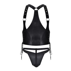 Men's Sexy Wet Look PVC Leather Harness and Thong BDSM Clothing Bondage Stretchy Clubwear N20100