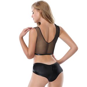 Sexy Black Glossy Ripped PVC and Sheer Mesh Clubwear Crop Top and Panties Lingerie Set N19002
