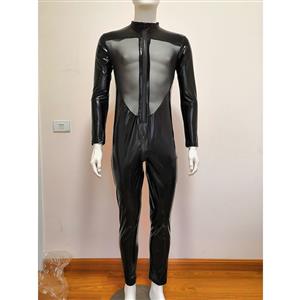 Men's Sexy Glossy PVC Tight-fitting Lingerie Sheer Mesh One-piece Stretchy Clubwear Jumpsuit N18999