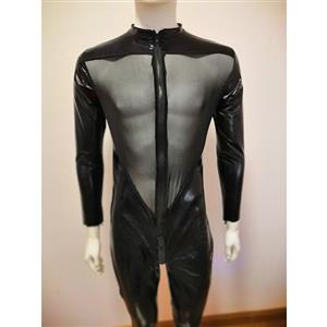 Men's Sexy Glossy PVC Tight-fitting Lingerie Sheer Mesh One-piece Stretchy Clubwear Jumpsuit N18999