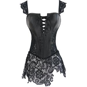 Sexy Black PVC Strap Zipper Lace Corset N12888