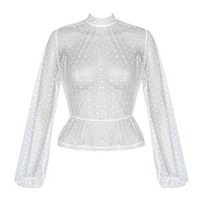 Sexy White Polka Dots Sheer Soft Yarn Stand Collar Long Sleeve Slim Waist Blouse N20234