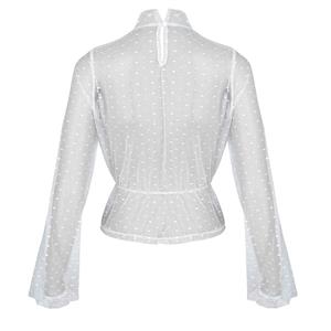 Sexy White Polka Dots Sheer Soft Yarn Stand Collar Long Sleeve Slim Waist Blouse N20234