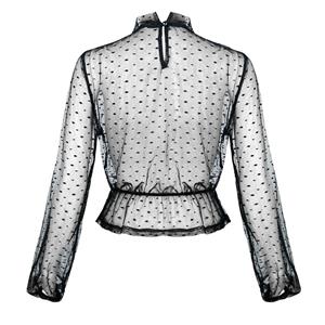 Sexy Black Polka Dots Sheer Soft Yarn Stand Collar Long Sleeve Slim Waist Blouse N20233