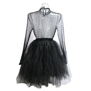 Sexy Black Polka Dots Sheer Soft Yarn Stand Collar Long Sleeve Blouse Tulle Skirt Set N20254