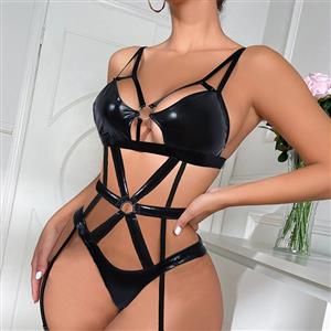Sexy Black Hollow Out Spaghetti Straps Backless PU Metal Ring Bodysuit Lingerie N22705